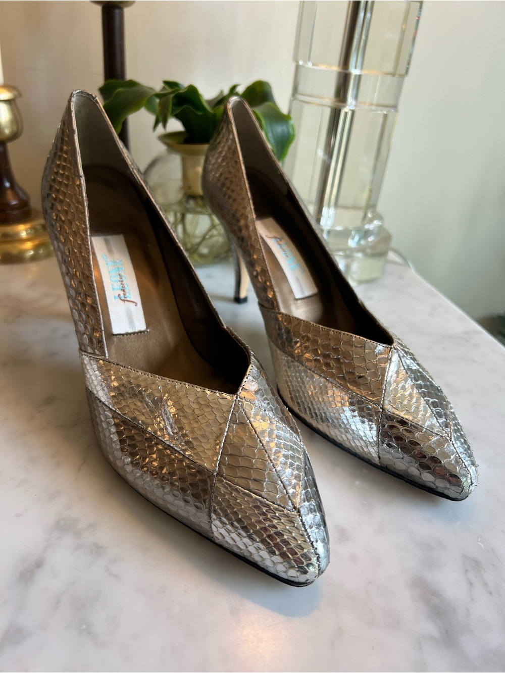 Vintage Frederico Genuine Snakeskin Metallic Silver Pump Size 9